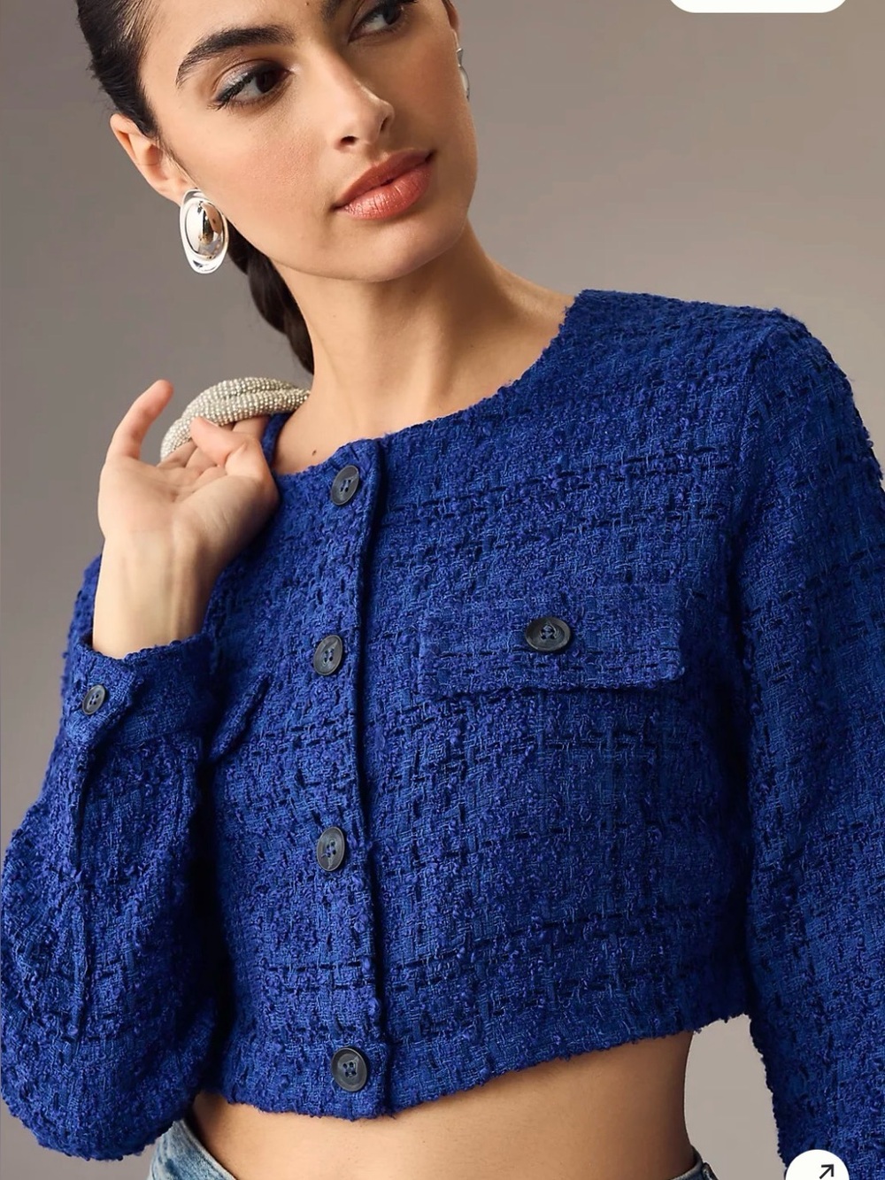 Maeve Cropped Bouclé Button-Front Jacket in Royal Blue